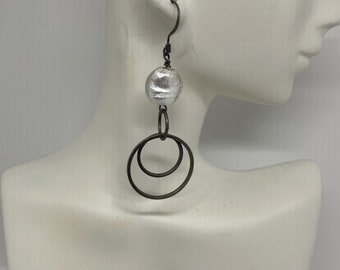 Silver Hoop Earrings with Lampwork Bead, Silver and White Hoop Earrings, Dangle Earrings - EWR033