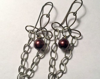 Antique Silver Chain Earrings, Chain and Pearl Earrings, Chain Earrings, Gunmetal Earrings - EGL045