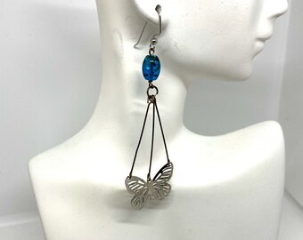 Silver Dangle Metal Earrings, Silver and Teal Earrings, Metal Butterfly Earrings, Silver Butterfly Earrings