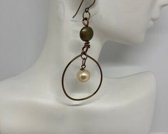 Brass Hoop Earrings, Pearl Earrings, Hoop Earrings - EWR066