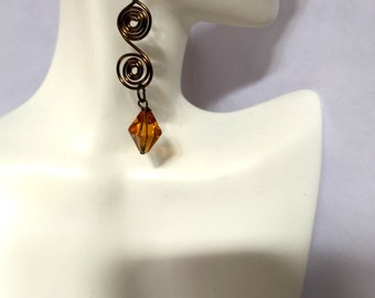 Wire Wrapped Earrings, Brass Dangle Earrings, Wire and Amber Glass Earrings - EWR009