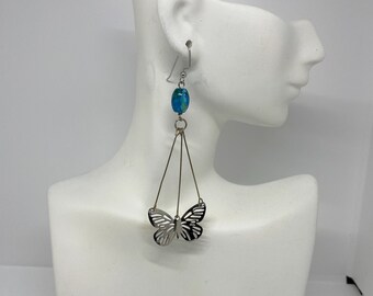 Silver Butterfly Earrings, Long Butterfly Earrings