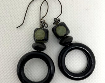 Black Hoop Earrings, Horn and Nut Earrings - EBH006