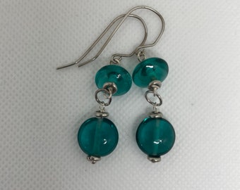 Teal Bead  and Silver Earrings - EGL029