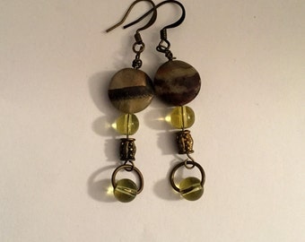 Stone and Glass Bead, Dangle, Brass and Semi Precious Stone Earrings, Stone Earrings - EST011