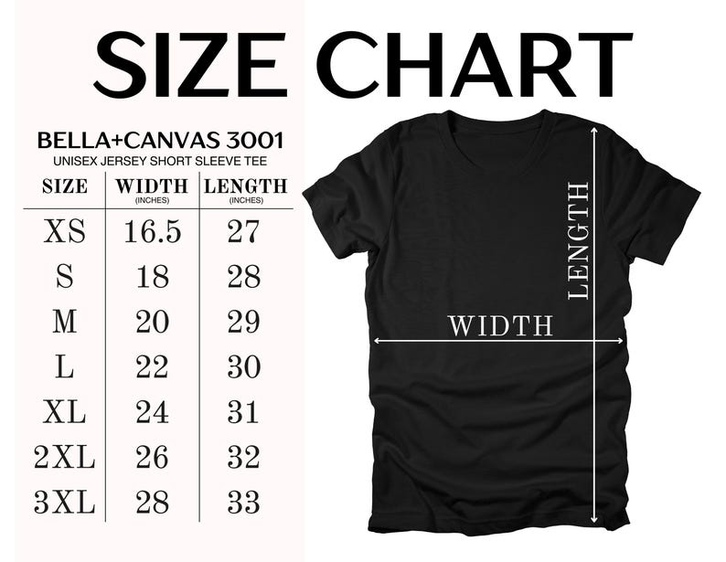 May include: Size chart for a Bella + Canvas 3001 unisex jersey short sleeve tee. The chart shows the width and length in inches for sizes XS to 3XL.