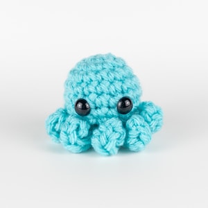 May include: A small, crocheted octopus toy with a light blue body and black eyes.