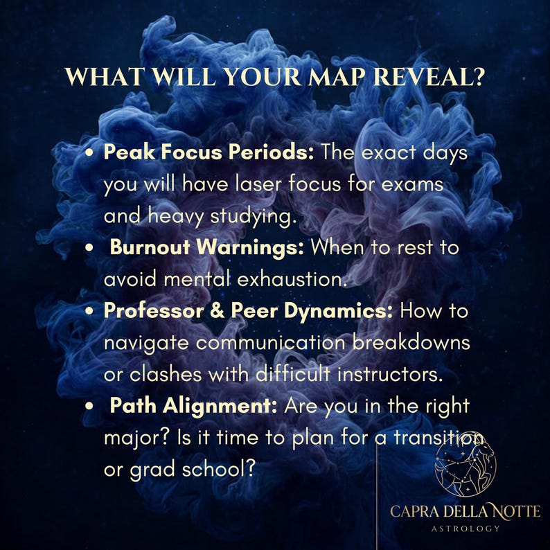 May include: A dark blue background with swirling smoke features the text: WHAT WILL YOUR MAP REVEAL? Peak Focus Periods, Burnout Warnings, Professor & Peer Dynamics, and Path Alignment. The Capra Della Notte Astrology logo is in the bottom right corner.