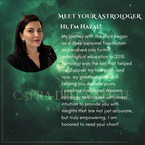May include: A portrait of an astrologer named Hazal against a green nebula background. Text reads: MEET YOUR ASTROLOGER, HI, I'M HAZAL! My journey with the stars began as a deep personal fascination and evolved into formal astrological education in 2018.