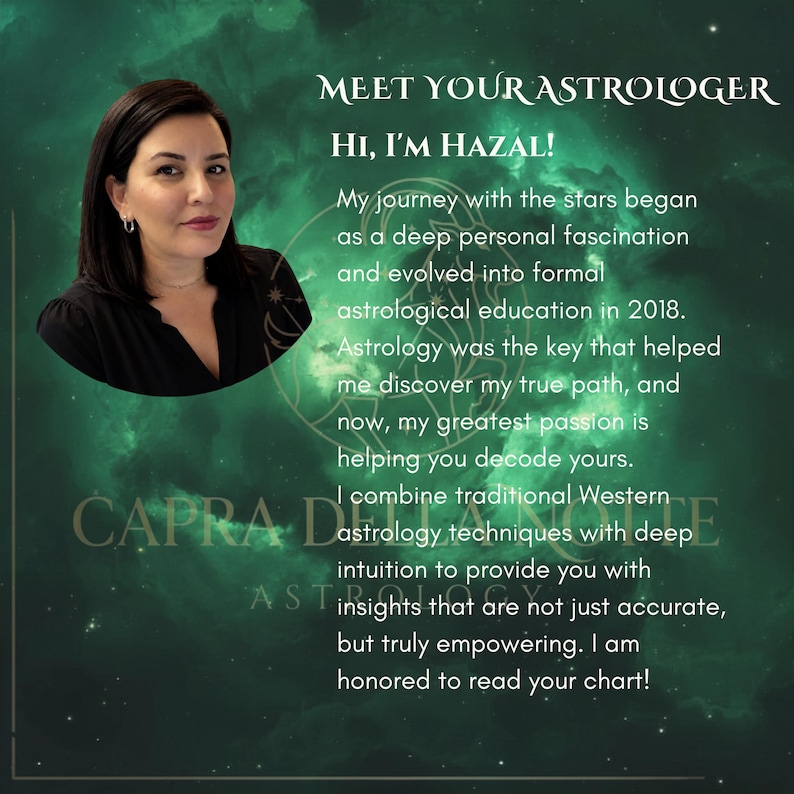 May include: A portrait of an astrologer named Hazal against a green nebula background. Text reads: MEET YOUR ASTROLOGER, HI, I'M HAZAL! My journey with the stars began as a deep personal fascination and evolved into formal astrological education in 2018.