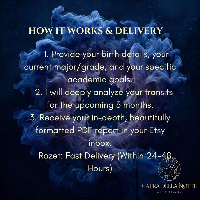 May include: A dark blue background with swirling smoke-like patterns features the text: HOW IT WORKS & DELIVERY. 1. Provide your birth details, your current major/grade, and your specific academic goals. 2. I will deeply analyse your transits for the upcoming 3 months. 3. Receive your in-depth, beautifully formatted PDF report in your Etsy inbox. Rozet: Fast Delivery (Within 24-48 Hours). CAPRA DELLA NOTTE ASTROLOGY.