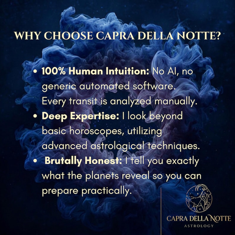 May include: A dark blue background with swirling smoke-like patterns features the text WHY CHOOSE CAPRA DELLA NOTTE? followed by three bullet points: 100% Human Intuition, Deep Expertise, and Brutally Honest. A goat constellation logo is at the bottom.