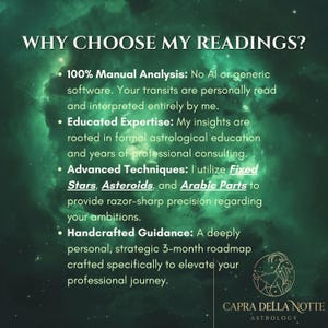 May include: A green nebula background with white text titled WHY CHOOSE MY READINGS? listing four points: 100% Manual Analysis, Educated Expertise, Advanced Techniques using Fixed Stars, Asteroids, and Arabic Parts, and Handcrafted Guidance. Includes a goat logo.