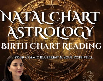May include: A digital graphic featuring a gold zodiac wheel background with the text NATAL CHART ASTROLOGY BIRTH CHART READING YOUR COSMIC BLUEPRINT & SOUL POTENTIAL. A person is visible in the lower left, with CAPRA DELLA NOTTE ASTROLOGY in the corner.
