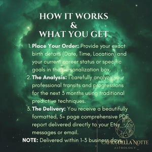 May include: A digital informational graphic with a dark green nebula background featuring white text titled HOW IT WORKS & WHAT YOU GET. It outlines three steps for an astrology service, including birth details, analysis, and a PDF report delivery.