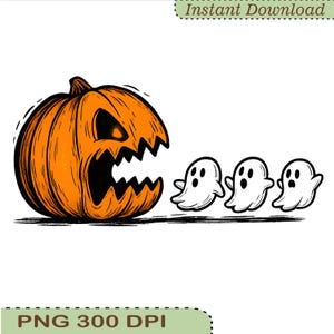 May include: A digital illustration of a Halloween-themed design. An orange jack-o'-lantern with a menacing grin faces three white cartoon ghosts. The words "Instant Download" and "PNG 300 DPI" are also visible.
