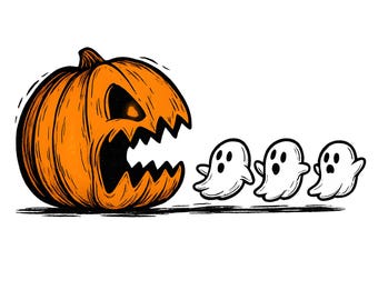 ハロウィンのカボチャが幽霊を追いかけるPNG画像、おしゃれなハロウィンコスチュームPNG画像、不気味な季節PNG画像、秋の雰囲気、面白いハロウィンのブーイングゴーストシャツデザイン
