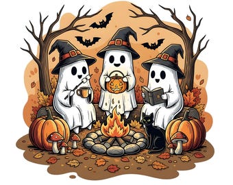 Retro Cute Ghost Halloween Png, Fall Camping Boo Ghosts Png, Autumn Floral Png, Spooky Season Png, Cozy Camping Halloween Png, Campfire Png
