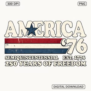May include: A graphic design featuring the word AMERICA in large cream letters with a dark blue star replacing the letter I. Below are horizontal red, white, and blue stripes, the number 76, and text reading SEMIQUINCENTENNIAL EST. 1776 250 YEARS OF FREEDOM.