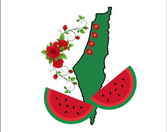 May include: A digital graphic featuring a green outline of a landmass adorned with red roses and watermelon slices. The image includes the text "Instant Download" and "PNG * JPG".
