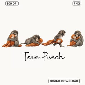 Puede incluir: Ilustración digital con cuatro escenas de monos. Cada escena muestra un mono gris abrazando a un mono naranja. El texto "Team Punch" está escrito en cursiva debajo. La imagen está etiquetada como "300 DPI" y "PNG".