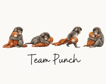 May include: A digital illustration showing four monkey scenes. Each scene has a grey monkey hugging an orange monkey. The text "Team Punch" is written in a cursive font below the monkeys. The image is labelled "300 DPI" and "PNG".