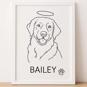 May include: A framed black and white line drawing of a dog with a halo above its head. The dog's name, "BAILEY," is printed below the image, along with a paw print. The artwork is displayed in a white frame.