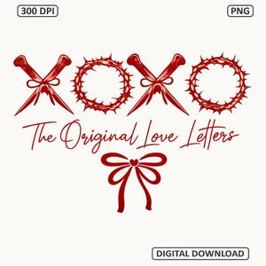 Może przedstawiać: Czerwony projekt graficzny na białym tle z literami XOXO, koroną cierniową i kokardą. Tekst „The Original Love Letters” jest napisany pod symbolami. Słowa „DIGITAL DOWNLOAD” znajdują się na dole.