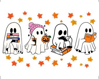 Livro de Fantasmas Retro Fantasia PNG SVG, Clipart de Fantasmas de Leitura de Outono, Design de Sublimação para Amantes de Livros de Halloween, Download Digital de Biblioteca Assustadora e Aconchegante