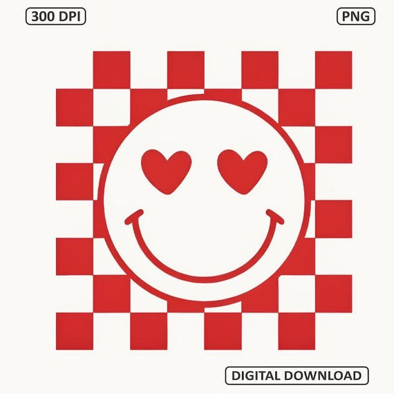 Valentines Heart Smiley Face Checkerboard PNG, Retro Y2K Smiley Heart Graphic, Cute Valentine Digital Download, Printable Design File