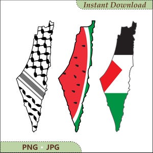 May include: Three stylized map outlines, each with a unique design. One features a black and white keffiyeh pattern, another a watermelon slice, and the third a flag design with black, white, red, and green. The words "Instant Download" are at the top.