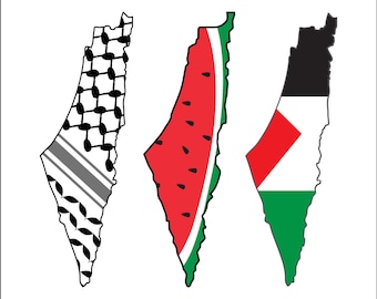 May include: Three stylized map outlines, each with a unique design. One features a black and white keffiyeh pattern, another a watermelon slice, and the third a flag design with black, white, red, and green. The words "Instant Download" are at the top.