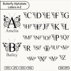 May include: A digital graphic set titled Butterfly Alphabets Letters A-Z, featuring black butterfly-themed letters from A to Z. The letter A is paired with the name Amelia, and B with Bailey. Includes file formats EPS, JPG, SVG, PNG and 300 DPI text.