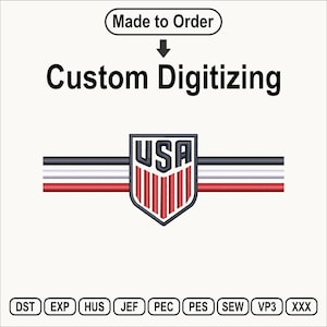 May include: An embroidery design featuring a shield with the text USA in dark blue, above vertical red stripes. Three horizontal lines in black, white, and red extend from the shield. Text reads Made to Order and Custom Digitizing with file formats.