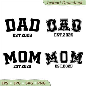Papa et maman est. Lot 2025 SVG, téléchargement immédiat PNG SVG pour la fête des pères, faire-part de grossesse style universitaire, fichiers de coupe Cricut des nouveaux parents