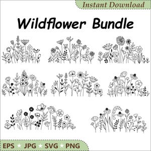 Paquete SVG de flores silvestres, SVG de prado de flores, SVG de borde de flores, ramo de flores minimalista, clipart de flores silvestres, SVG de boceto de flores para el Día de la Madre