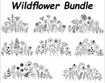 May include: A set of six black and white line drawings of wildflower bouquets. Each bouquet is arranged in a semi-circular shape and features a variety of flowers and leaves. The text "Wildflower Bundle" is at the top of the image.