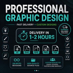 May include: A dark graphic design advertisement featuring the text PROFESSIONAL GRAPHIC DESIGN, FAST DELIVERY, CUSTOM DESIGNS, and DELIVERY IN 1-2 HOURS. It includes icons for AI, SVG, EPS, PNG, and PDF file formats, plus labels for unlimited revisions and high-quality source files.