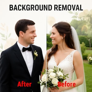 May include: Image showcasing a before-and-after comparison of background removal. The "Before" side features a bride holding a bouquet, while the "After" side shows a groom in a tuxedo. Text at the top reads "BACKGROUND REMOVAL."