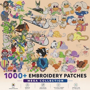 Op de afbeelding: Een digitale collectie van 1000+ geborduurde patches met diverse stripfiguren, dieren en thematische iconen. De afbeelding toont een breed scala aan kleurrijke geborduurde ontwerpen, waaronder figuren, huizen en wezens, met de tekst 1000+ EMBROIDERY PATCHES MEGA COLLECTION onderaan.