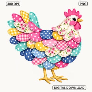 Könnte beinhalten: Eine farbenfrohe, skurrile Illustration eines Huhns mit Patchwork-Design. Das Huhn weist eine Vielzahl von Mustern auf, darunter Tupfen, Vichy-Karo und Blumendrucke, in den Farbtönen Rosa, Blau, Gelb und Grün. Der Text "DIGITAL DOWNLOAD" befindet sich unten.