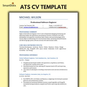 以下が含まれることがあります： 「ATS CV TEMPLATE」というタイトルと「MICHAEL WILSON」という名前の履歴書テンプレート。職務経験、主要スキル、連絡先情報を記載。テキストは黒で、背景は白です。