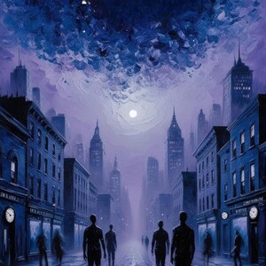 以下が含まれることがあります： 夜空に満月が輝く、街の通りの絵画。通りは背の高い建物が立ち並び、人々が歩いています。空は濃い紫色で、月は明るく白く輝いています。