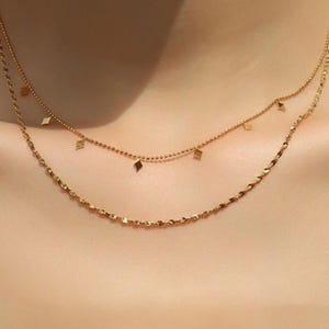 Minimalist Gold Layered Necklace for Women, Dainty Double Chain Choker, Geometric Diamond Charm, Titanium Steel, Everyday Layering Jewelry