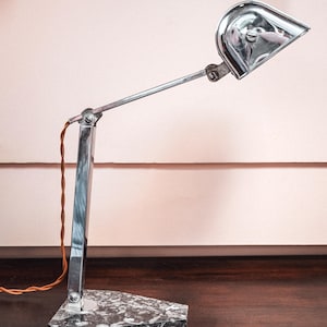 Vintage Chrome and Black Fossil Marble Base Art Deco Desk Lamp - Artisanat Francais