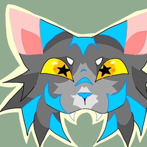 May include: Cartoon cat face with gray fur, blue accents, and yellow eyes with black star pupils. The cat has pink ears, white fangs, and a light green outline. A whimsical illustration.