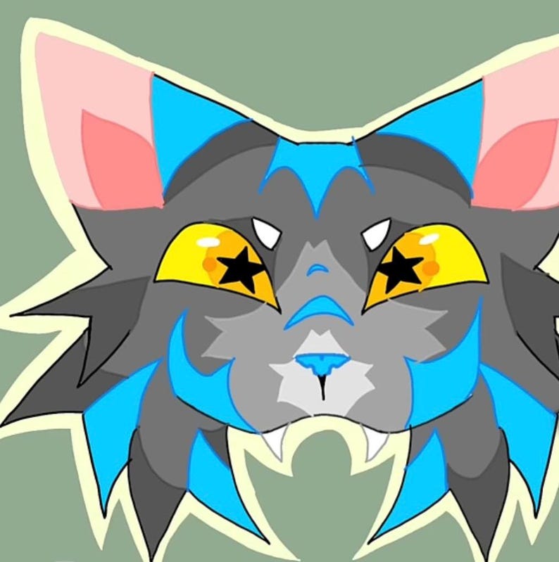 May include: Cartoon cat face with gray fur, blue accents, and yellow eyes with black star pupils. The cat has pink ears, white fangs, and a light green outline. A whimsical illustration.