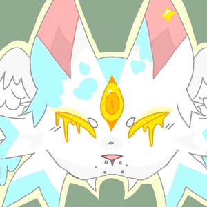 May include: A cartoon illustration of a white cat-like creature with blue and pink accents. The cat has a third eye, golden tears, and a star on its head. The background is a light green color.