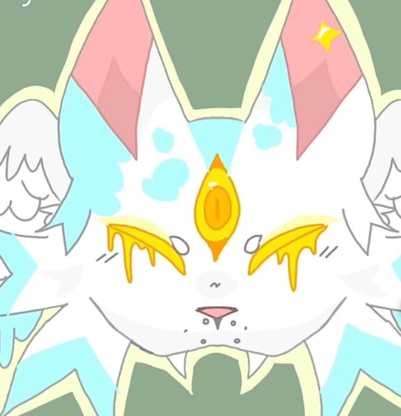 May include: A cartoon illustration of a white cat-like creature with blue and pink accents. The cat has a third eye, golden tears, and a star on its head. The background is a light green color.