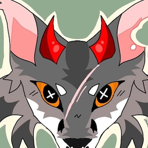 May include: A digital illustration of a wolf-like creature with gray fur, red horns, and orange eyes with white cross-shaped pupils. The background is a muted green, and the style is reminiscent of a cartoon or anime.